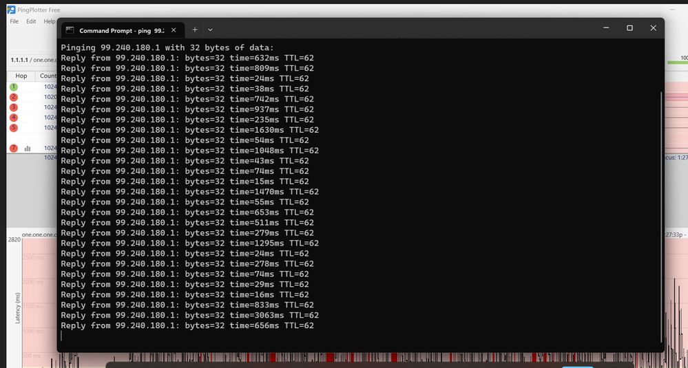 Command prompt ping to CMTS during a latency storm. Just imagine what this does to my Teams calls.