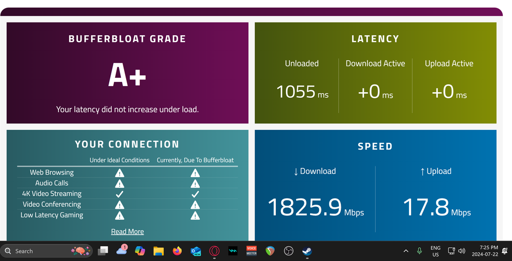 bufferbloat speed test performed on waveform top half