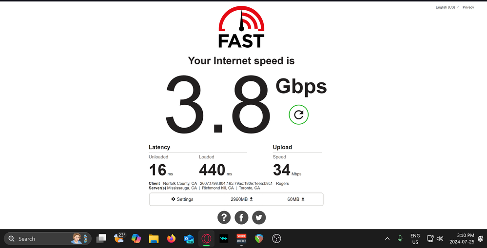 fast.com as you can see tripple the speed im suppose to get in the dl 3/4 for the upload and 3.5 times over the acceptable ping