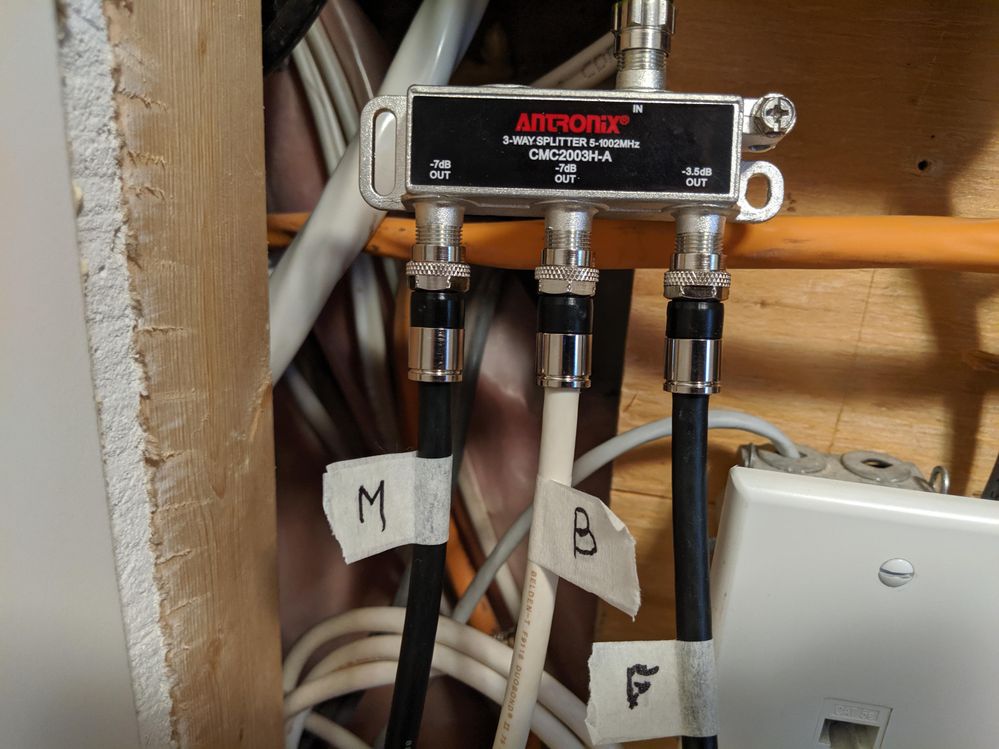 Root 3 way splitter (Master and Basement go to Netbox, Family goes to 2 way splitter)